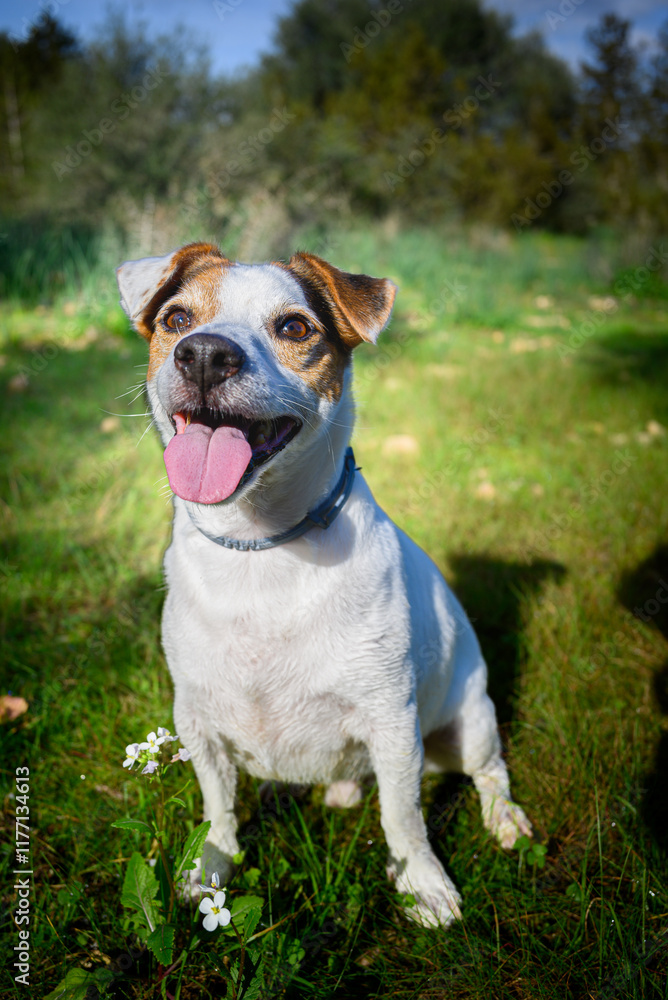Obraz premium dog, beagle, pet, animal, puppy, cute, portrait, white, canine, brown, grass, terrier, breed, pedigree, mammal, domestic, adorable, young, isolated, doggy, sitting, purebred, happy, pets, small 