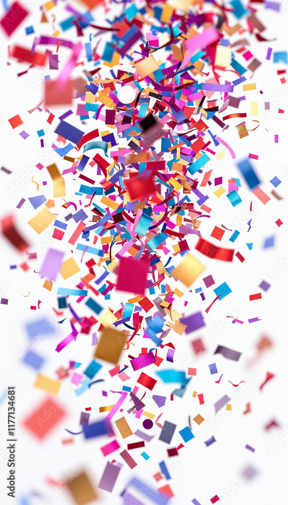 Fototapeta premium Falling Confetti: Multicolored Stream on White Background