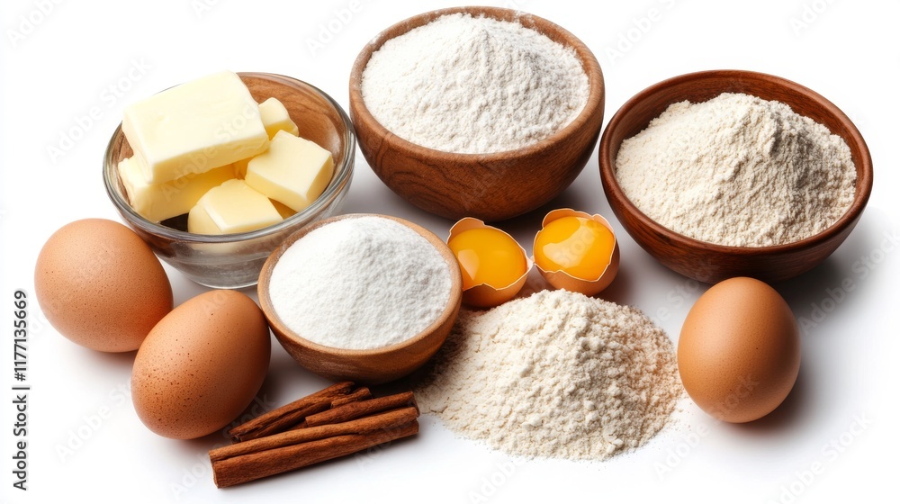 A set of baking ingredients, including flour, sugar, eggs, and butter, isolated on a white background. A set of baking ingredients, including flour, sugar, eggs, and butter, isolated on a white background.