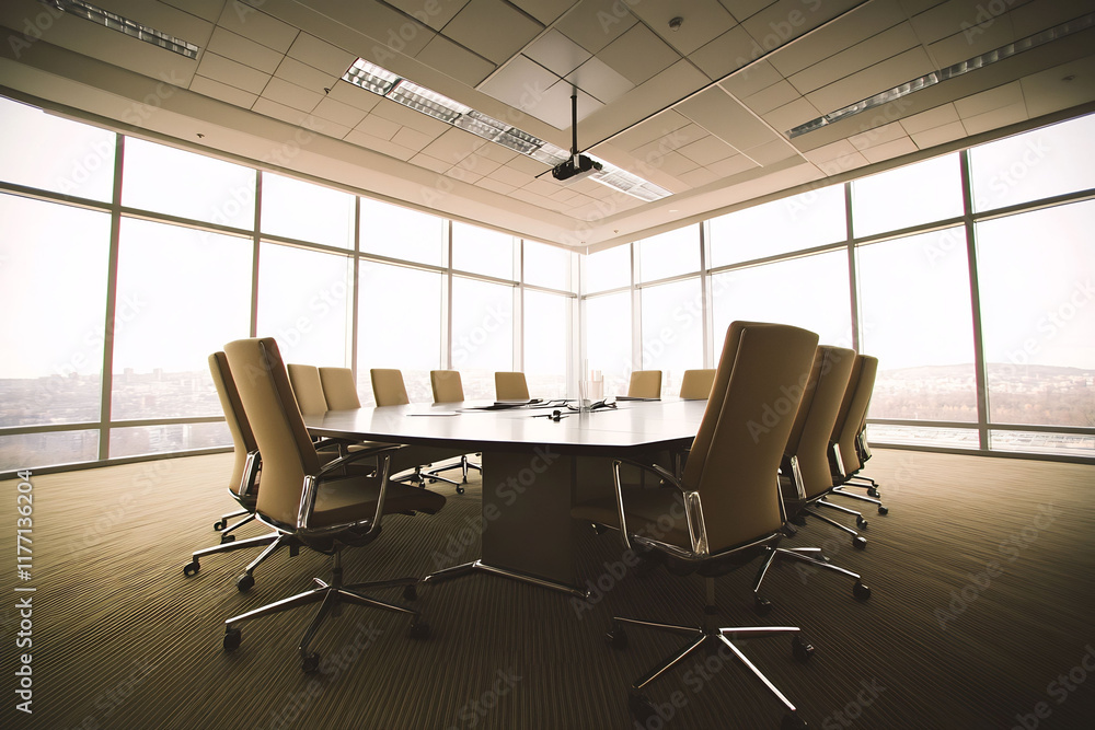 Minimalist conference room with a sleek black table modern chairs and a bright window overlooking the city Minimalist conference room with a sleek black table modern chairs and a bright window overlooking the city
