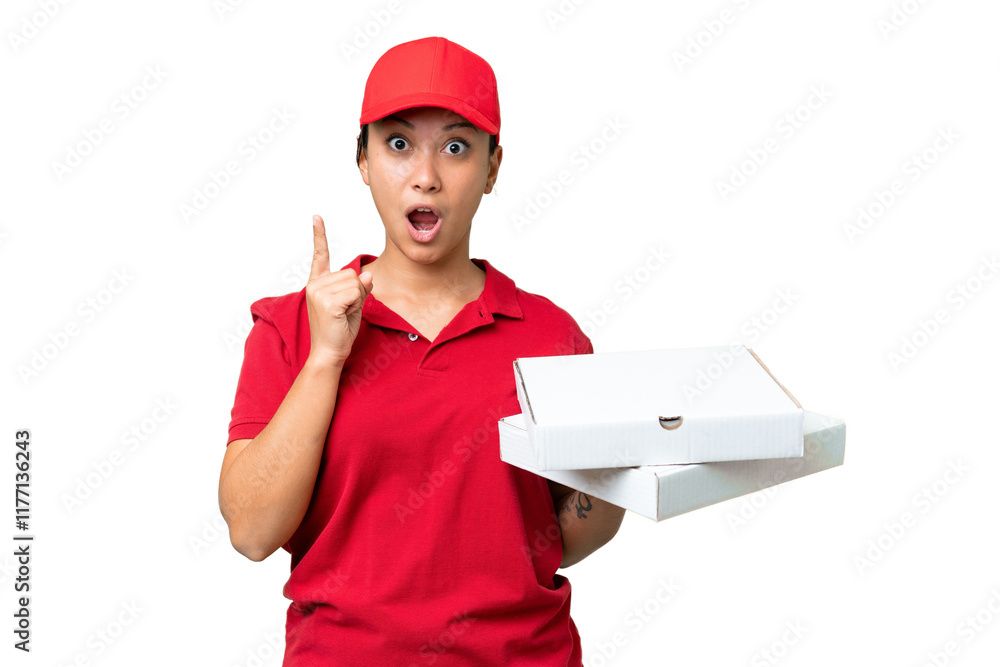 pizza delivery woman with work uniform picking up pizza boxes over isolated chroma key background intending to realizes the solution while lifting a finger up pizza delivery woman with work uniform picking up pizza boxes over isolated chroma key background intending to realizes the solution while lifting a finger up