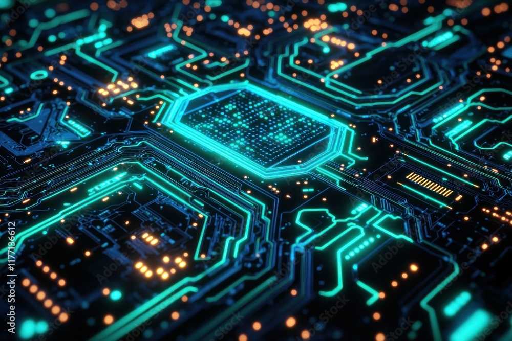 Glowing CPU on circuit board with intricate connections, processing data (1) Glowing CPU on circuit board with intricate connections, processing data (1)