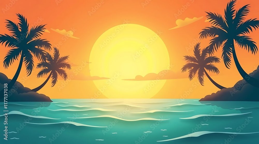 Sunset Paradise: Tropical Beach with Palm Trees and Ocean Sunset Paradise: Tropical Beach with Palm Trees and Ocean