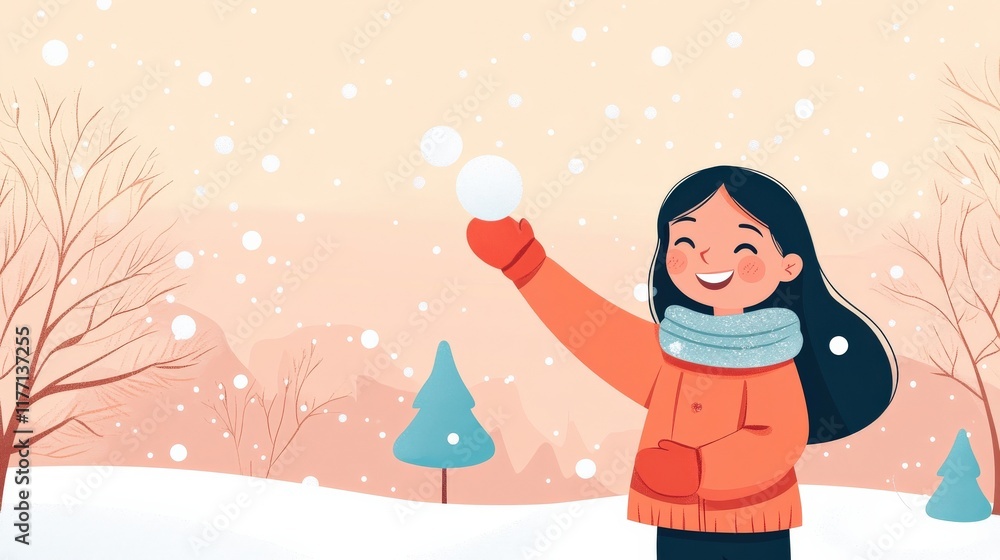 Obraz premium Happy girl playing in the snow with snowball in hand, enjoying winter scenery with snowflakes falling in a serene snowy outdoor landscape.