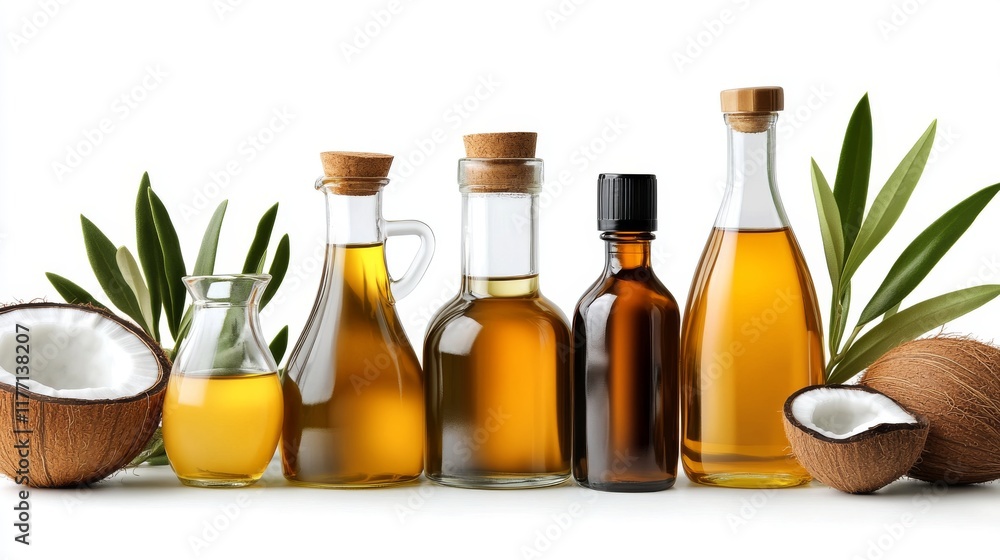 A set of cooking oils, such as olive oil, coconut oil, and vegetable oil, isolated on a white background. A set of cooking oils, such as olive oil, coconut oil, and vegetable oil, isolated on a white background.