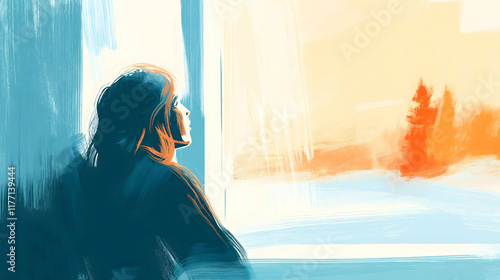 A contemplative figure gazes out a window, bathed in warm colors, evoking feelings of reflection and serene solitude.