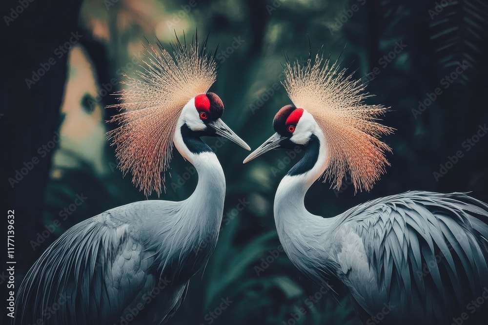 Fototapeta premium A picturesque image of a pair of grey crowned cranes in a wetland area.