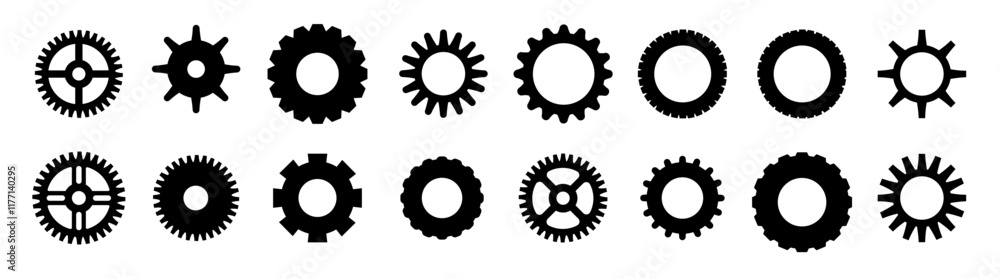 Gears shapes line icons. Flat machine gear icon. Wheel cogwheel vector. Simple outline isolated elements. Black gear. Gears shapes line icons. Flat machine gear icon. Wheel cogwheel vector. Simple outline isolated elements. Black gear.