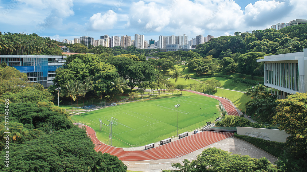 Fototapeta premium University campus featuring modern athletic facilities, symbolizing the balance between academic excellence and physical well-being, fostering a holistic educational environment.