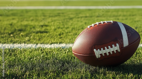 University campus featuring modern athletic Closeup of American Football on Field photo