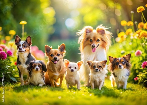 Adorable Tilt-Shift Miniature Dog Breeds:  Puppies Playing in a Sunny Garden photo