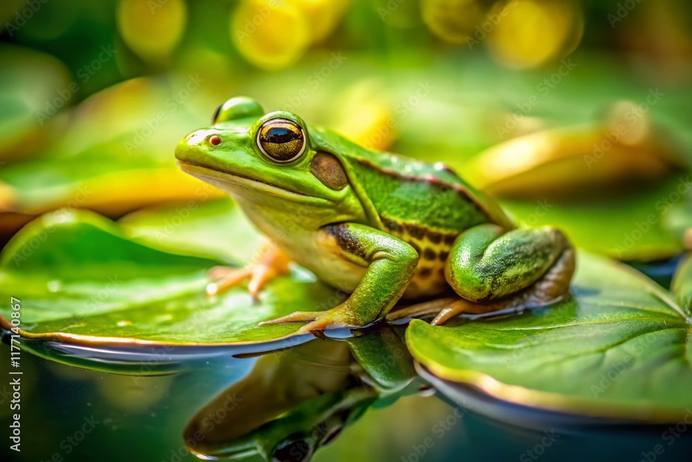 Adorable Tiny Frog Aerial View, Green Amphibian in Lush Pond Scenery Adorable Tiny Frog Aerial View, Green Amphibian in Lush Pond Scenery