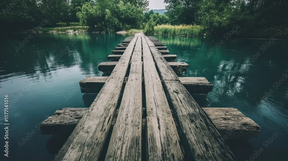 Fototapeta premium Serene Wooden Bridge Over Teal River in Lush Green Forest