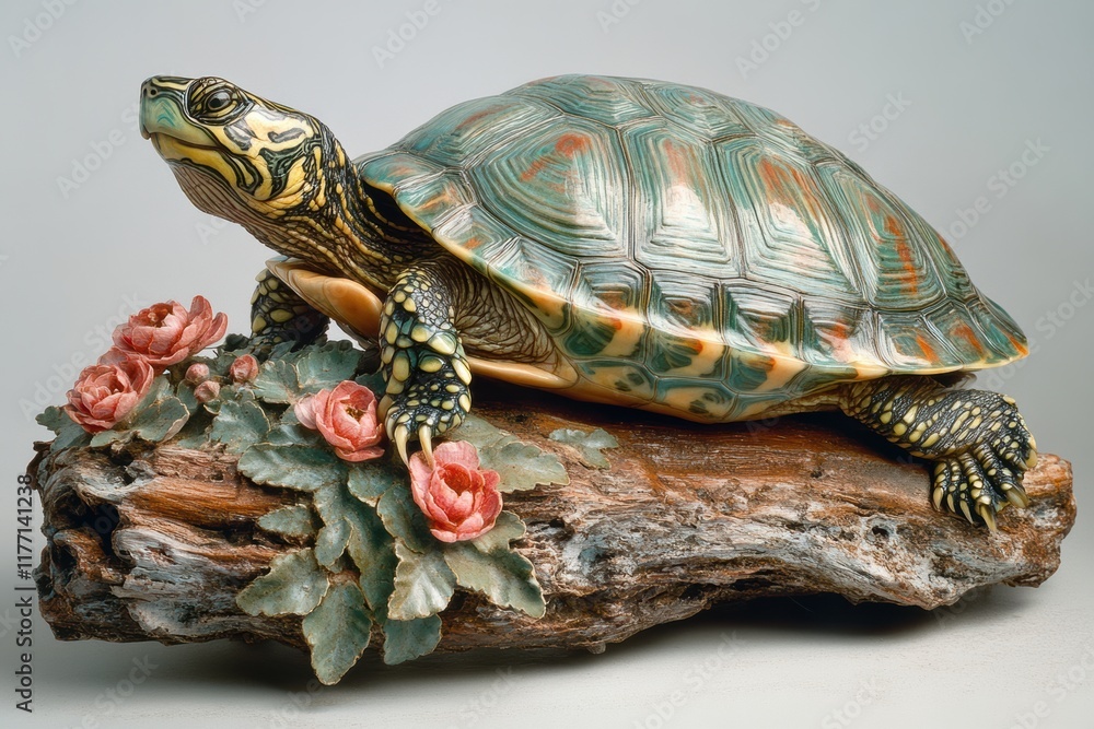Fototapeta premium Colorful turtle sculpture atop a wooden log with pink roses accentuating its design