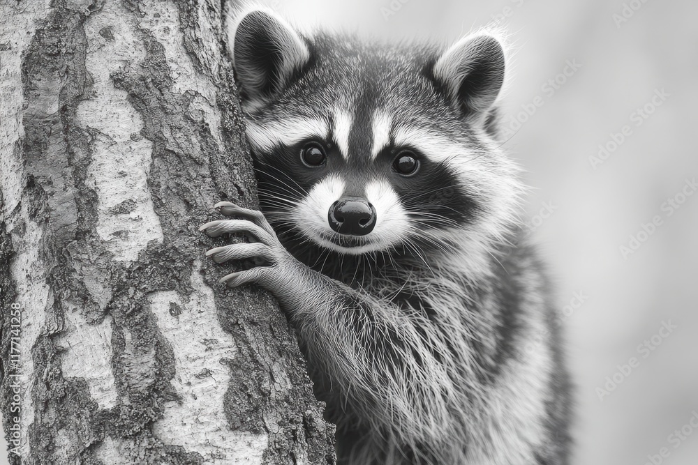 Fototapeta premium Raccoon curiously peeks from behind a tree in a serene forest setting during daylight