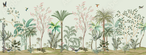 Bird and Branch Mural in Peach Sunrise, Tropical plant, garden, watercolor background.