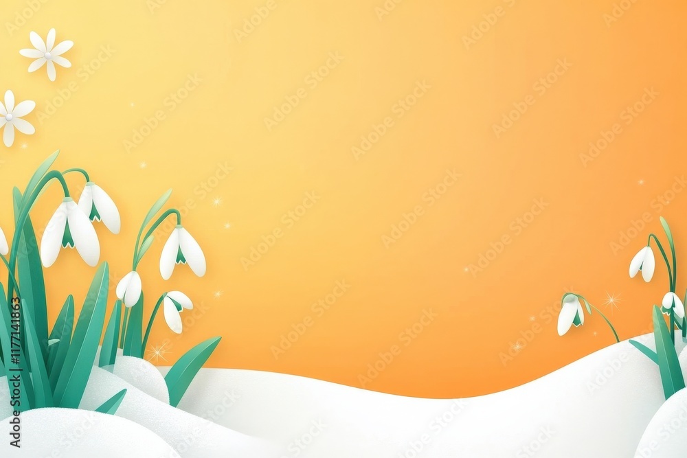 Winter Scene Featuring Snowdrops Emerging from Fresh Snow Against a Soft Orange Background with Delicate Flowers Adorning the Upper Corner for a Bright Spring Vibe Winter Scene Featuring Snowdrops Emerging from Fresh Snow Against a Soft Orange Background with Delicate Flowers Adorning the Upper Corner for a Bright Spring Vibe