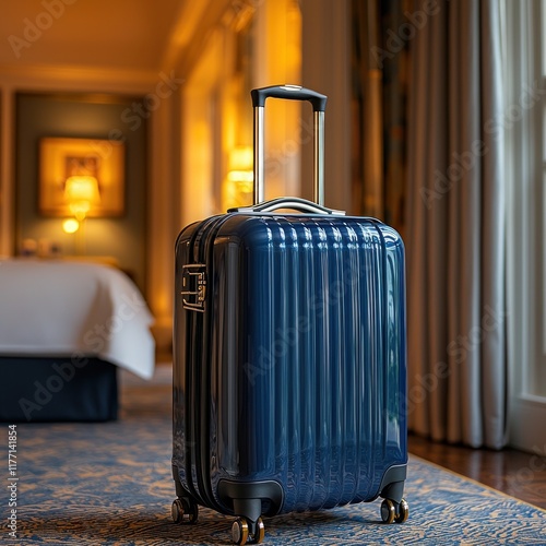 Blue suitcase in luxury hotel room, bed and lamp in background, ready for travel