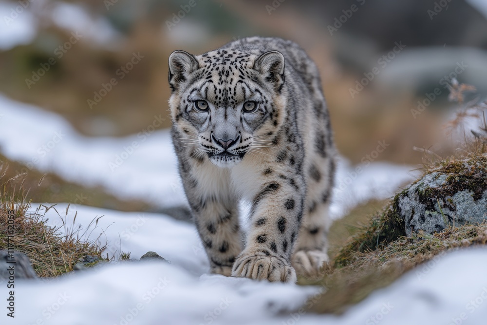 Fototapeta premium Leopard traverses a snow-covered landscape in search of prey during the winter season