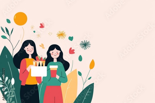Wallpaper Mural Two cheerful women holding cups and a tray of desserts surrounded by vibrant leaves and flowers in a minimalist, colorful illustration perfect for a sweet celebration. Torontodigital.ca