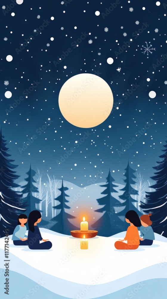 Fototapeta premium Serene Winter Gathering Under a Starry Sky with Warm Candlelight and Family Bonds