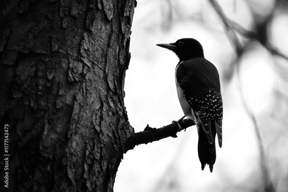 Bird pecking at a newly budding tree branch during springtime in a forest setting Bird pecking at a newly budding tree branch during springtime in a forest setting