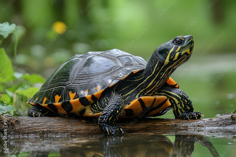 Obraz premium Colorful turtle resting on a log near a serene pond surrounded by lush greenery
