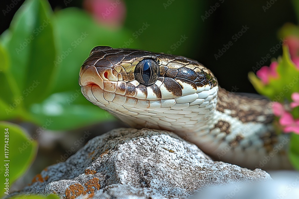 Fototapeta premium Close view of a Snake Spring among vibrant plants at a natural setting