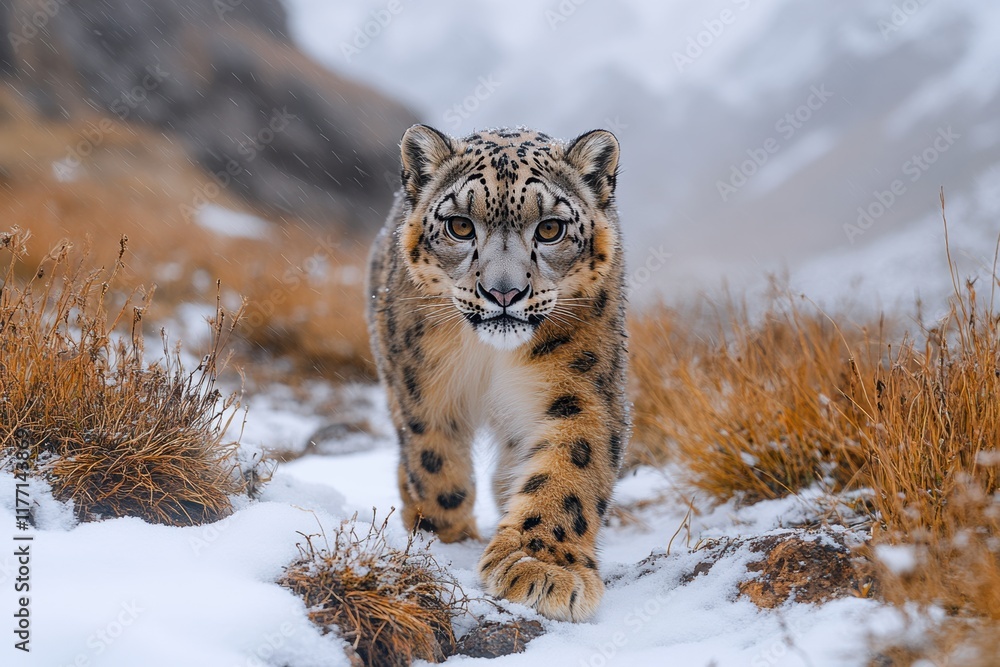 Fototapeta premium Leopard strides confidently through melting snow in rugged mountainous terrain