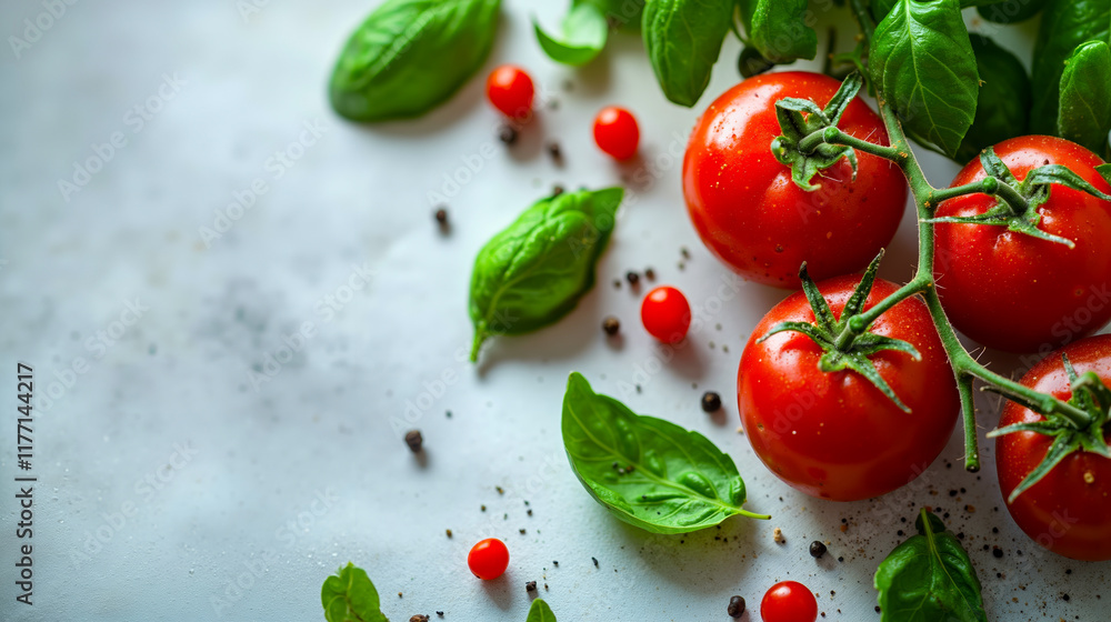A bunch of tomatoes and basil leaves on a table A bunch of tomatoes and basil leaves on a table