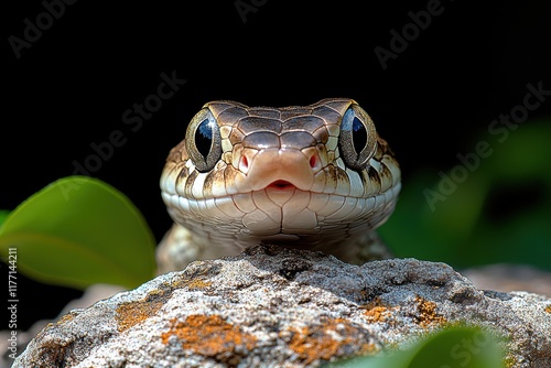 Close-up of a snake spring amphibian resting on a mossy rock in a lush environment photo