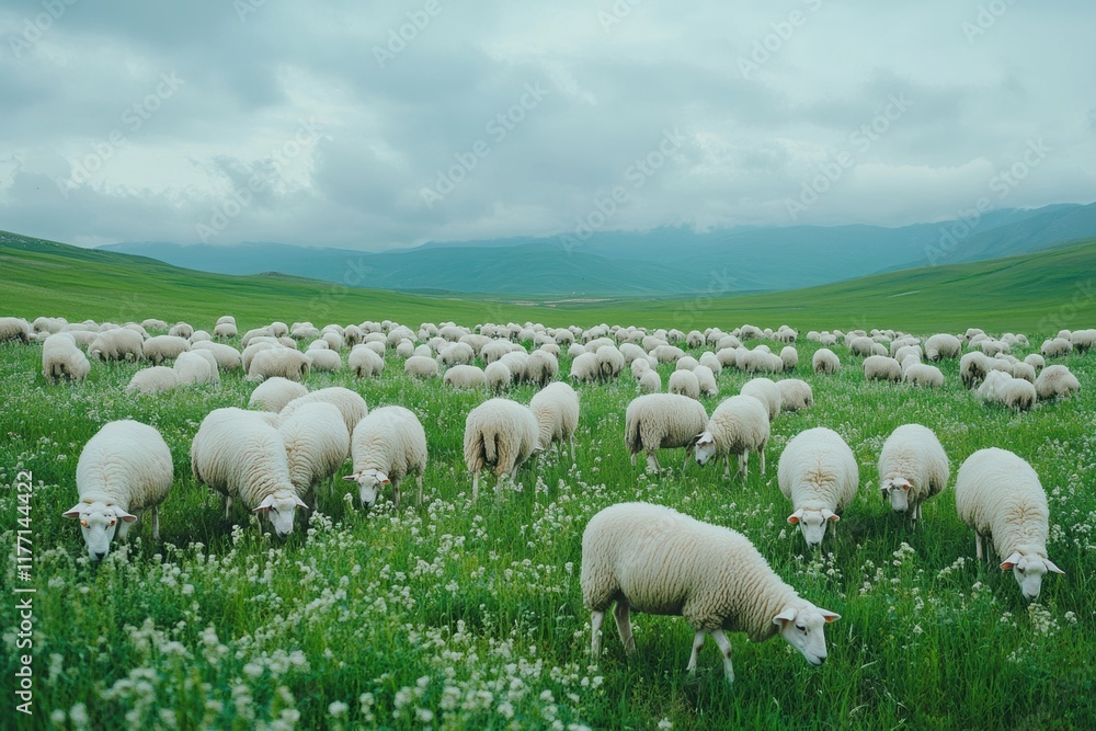 Naklejka premium Sheep grazing in lush green fields of Sheep Meadow during spring under cloudy skies