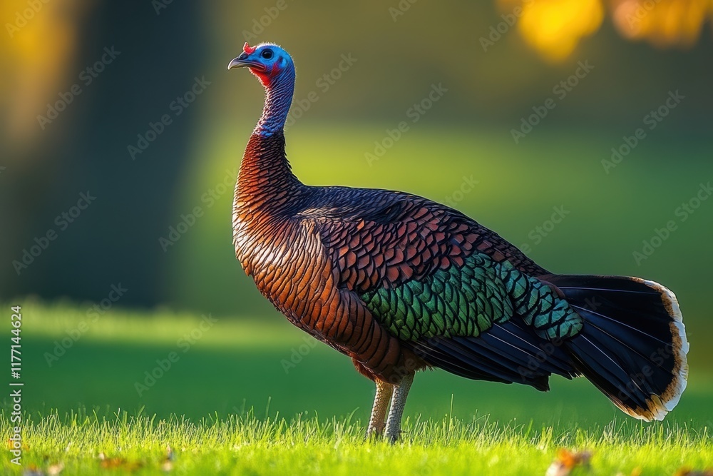 Obraz premium Turkey strutting in a grassy area during late afternoon sunlight