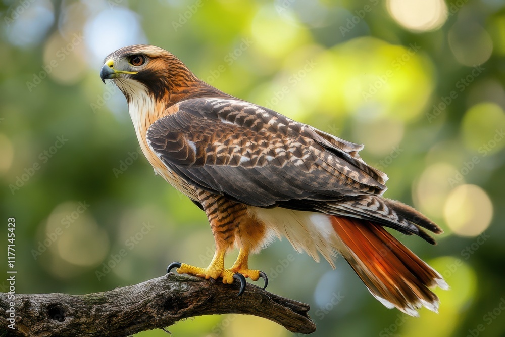 Hawk perched on a branch amidst greenery during a sunny day in open nature Hawk perched on a branch amidst greenery during a sunny day in open nature