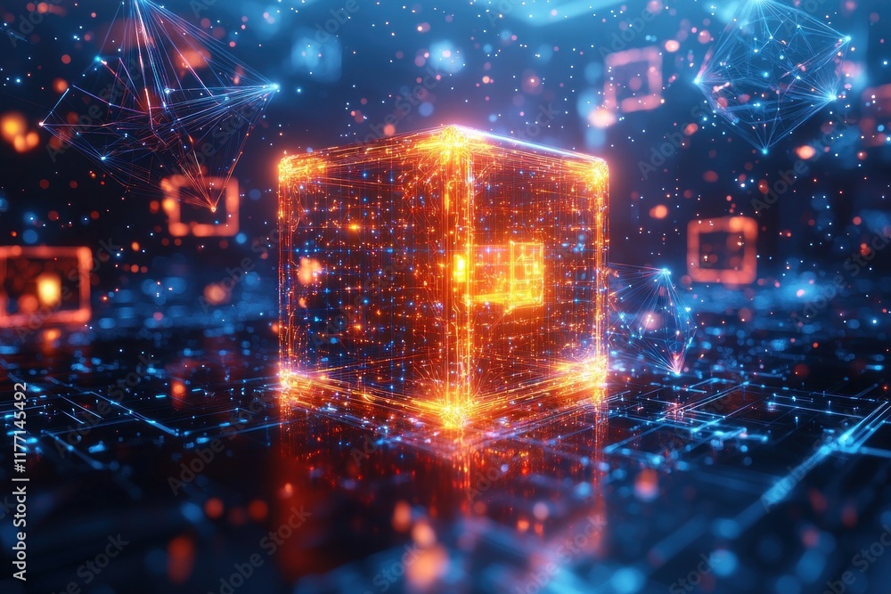 Obraz premium Glowing digital cube on grid surface with network connections and data flow in cyberspace