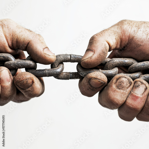 Hands gripping a rusty chain link with dirt and grime highlighting strength and determination while disconnecting the links photo