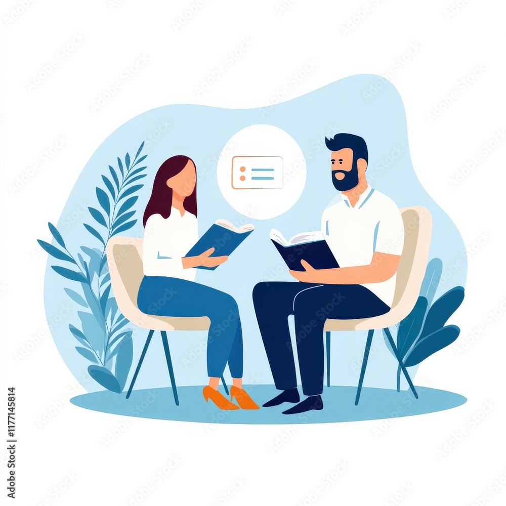Two People Engaged in a Conversation While Reading Books in a Cozy and Relaxed Setting with Greenery Background and Thought Bubbles Illustrating Ideas and Discussion Two People Engaged in a Conversation While Reading Books in a Cozy and Relaxed Setting with Greenery Background and Thought Bubbles Illustrating Ideas and Discussion