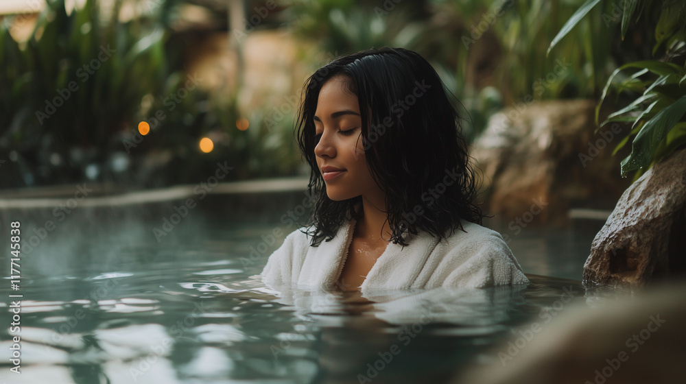 Fototapeta premium A girl with shoulder-length black hair, wearing a luxurious white bathrobe, sitting in a hot spring surrounded by smooth rocks and lush greenery. The spa is an indoor-outdoor space