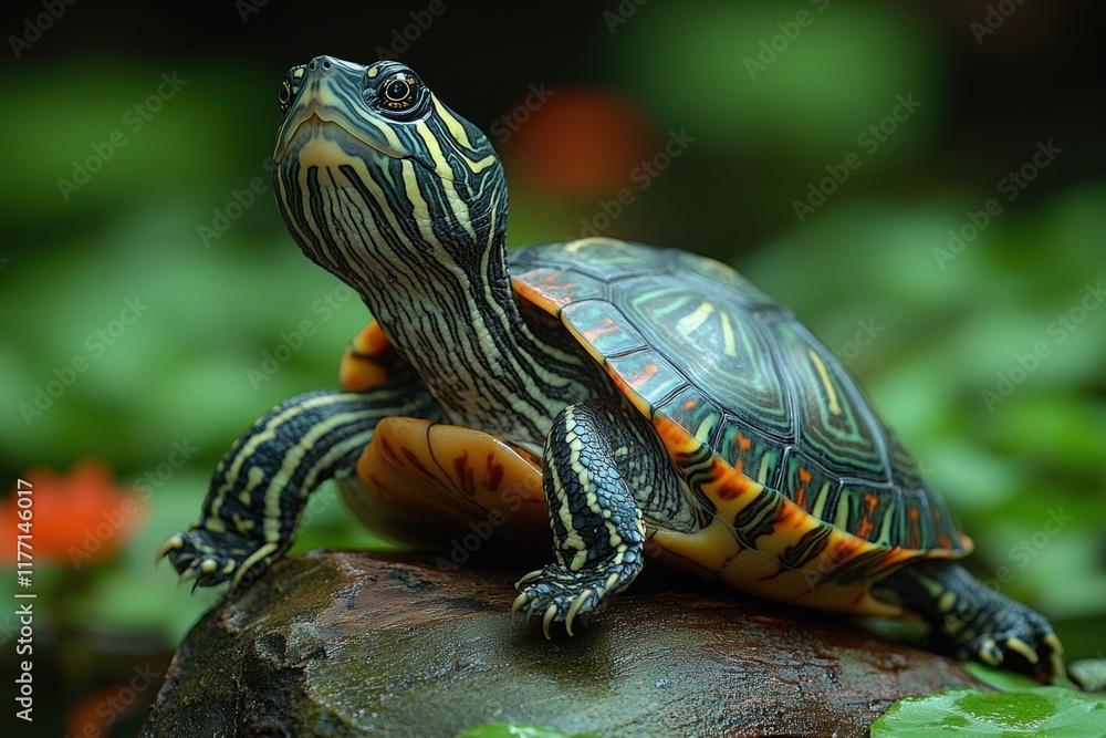 Colorful turtle basking on a rock in a serene aquatic environment during daylight Colorful turtle basking on a rock in a serene aquatic environment during daylight