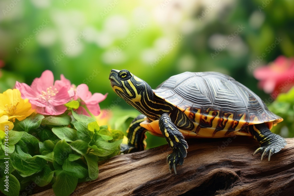 Obraz premium Colorful turtle resting on a log surrounded by vibrant flowers in a lush garden setting
