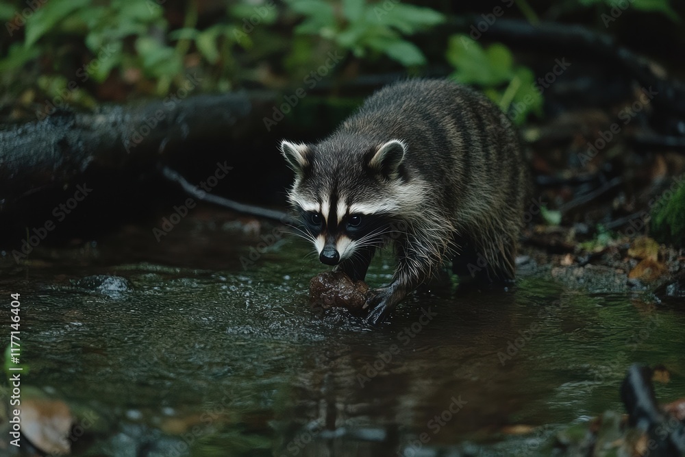 Raccoon washing food in a serene forest stream during twilight hours Raccoon washing food in a serene forest stream during twilight hours