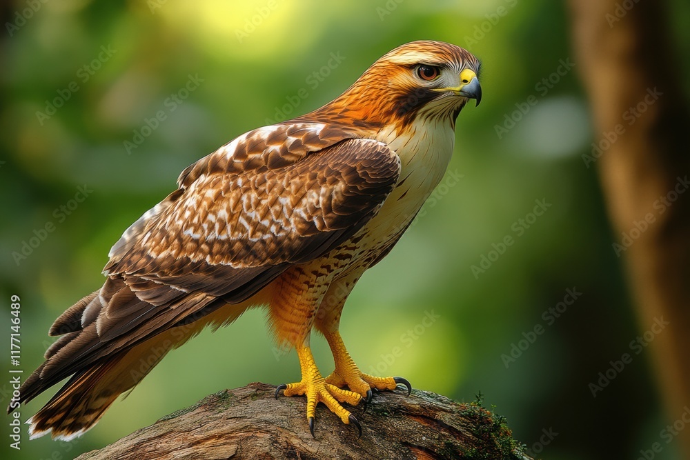 Hawk perched on a branch in a lush green forest during daylight hours Hawk perched on a branch in a lush green forest during daylight hours