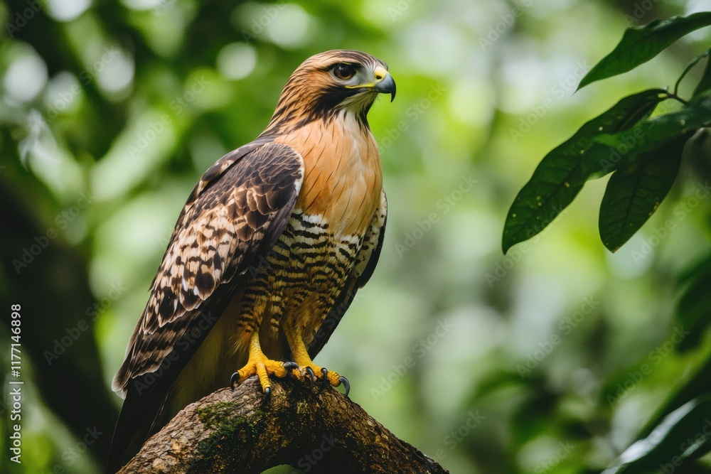 Hawk perched on a tree branch amidst lush greenery in a serene forest setting Hawk perched on a tree branch amidst lush greenery in a serene forest setting