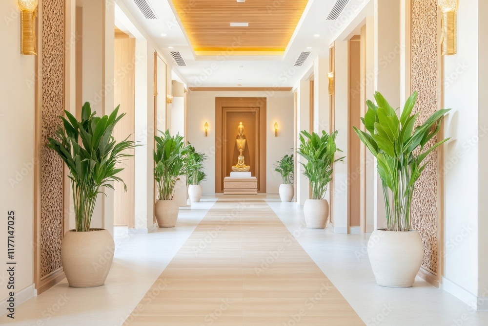 Fototapeta premium Tranquil and Serene Hallway in Modern Spa Featuring Elegant Indoor Plants, Wall Art, and Soft Lighting for a Relaxing Ambiance