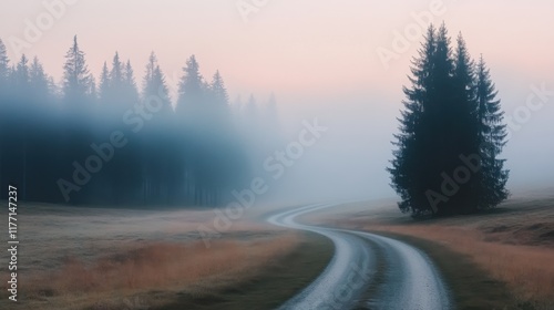 Misty road at dawn amidst tall trees photo