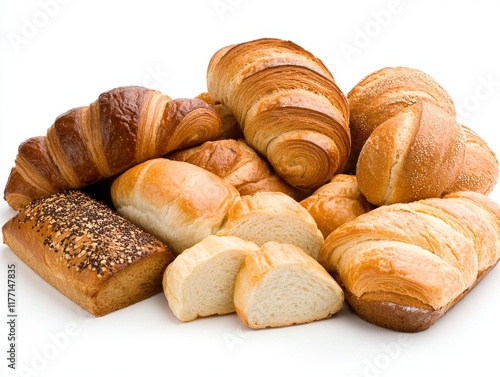 A variety of bread and bakery items, including croissants, rolls, and sliced bread, placed on a white background. photo