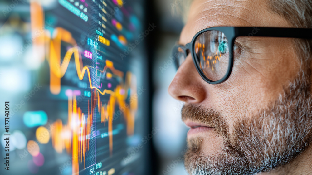 Analyzing financial data on digital screen, man with glasses focuses intently on stock market trends and graphs, reflecting determination and insight Analyzing financial data on digital screen, man with glasses focuses intently on stock market trends and graphs, reflecting determination and insight