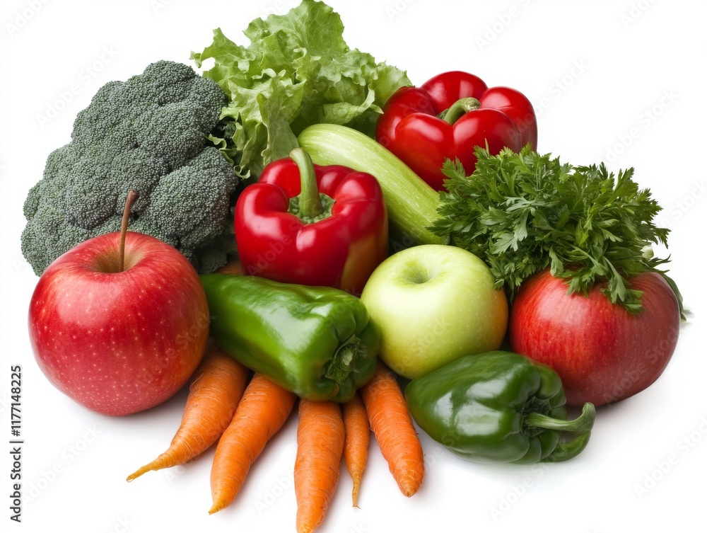 A variety of fruits and vegetables, including apples, carrots, and peppers, isolated on a white background. A variety of fruits and vegetables, including apples, carrots, and peppers, isolated on a white background.
