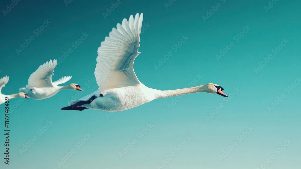 Fototapeta premium Graceful swans soaring across the open sky, swan freedom flight, majestic elegance, abstrack background, no blur, photo not dark, everything is clear, copy space