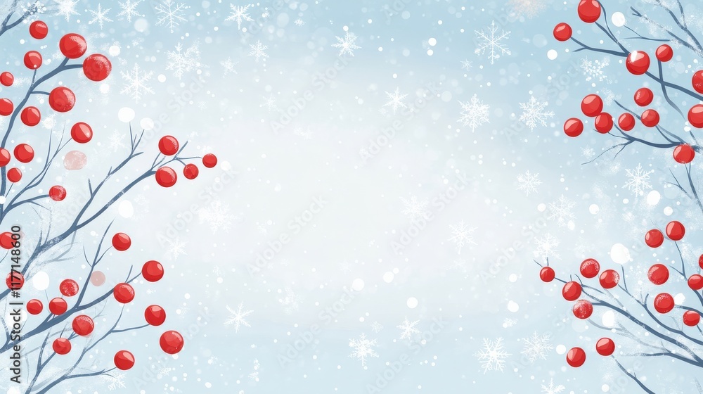 Obraz premium Beautiful Winter Background with Snowflakes and Red Berries on Branches, Perfect for Holiday Themes and Seasonal Decorations in Digital and Print Media